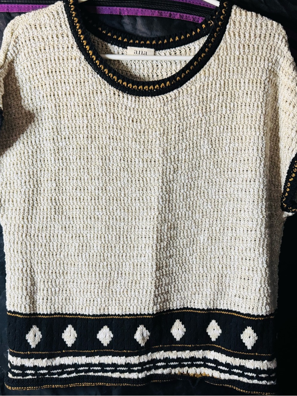 a.n.a Cream Short-Sleeve Crew Sweater with Black & Gold Trim
